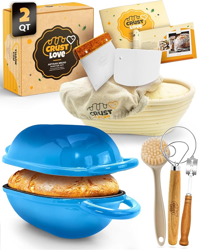 CRUSTLOVE Loaf Pan for Bread Baking - incl. Sourdough Bread-Baking Supplies like Banneton Bread-Proofing Basket - 2QT Enameled Oval Cast Iron Dutch Oven, Bread-Oven, Sour Dough Bread-Banking-Pan Tools