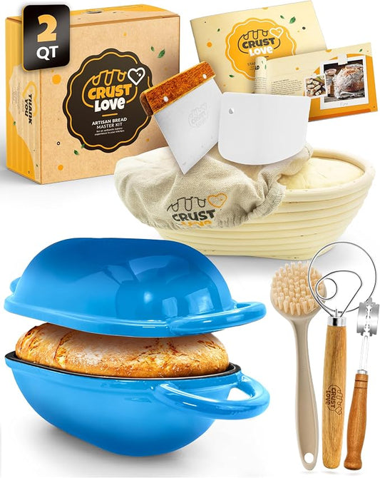 CRUSTLOVE Loaf Pan for Bread Baking - incl. Sourdough Bread-Baking Supplies like Banneton Bread-Proofing Basket - 2QT Enameled Oval Cast Iron Dutch Oven, Bread-Oven, Sour Dough Bread-Banking-Pan Tools