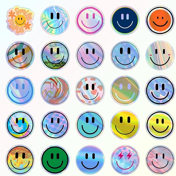 50PCS Smile Holographic Stickers | Cute Water Bottle Stickers for Kids, for Teaching Rewards, Notebooks, Stationery, Luggage, Cartoon PVC Smile Face Stickers