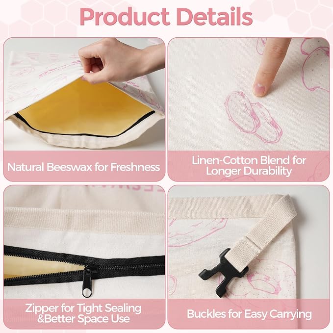 YARRAMATE Reusable Beeswax Bread Bags for Homemade Bread & Sourdough, 2 Pack XL 17x13in Cotton Bread Storage Bags with Zipper for Loaf, Baguette, Bagels and Sandwich Bread, Freezer Safe, Pink