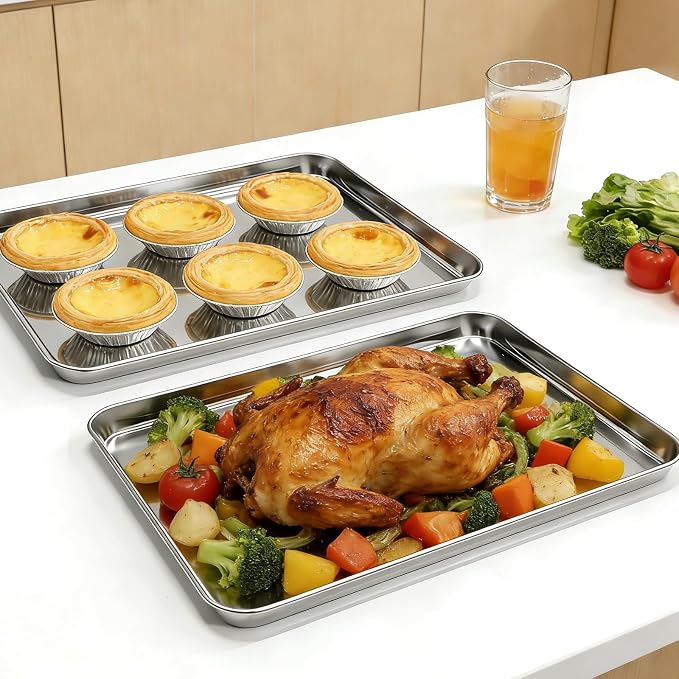 Baking Sheet, Stainless Steel Cookie Sheets Baking Pan, 9.4 Inch, Thicker and Firmer, BPA Free Non-Stick, Resistant & Nonstick & Non Toxic & Heavy Duty & Easy Clean, Dishwasher Safe