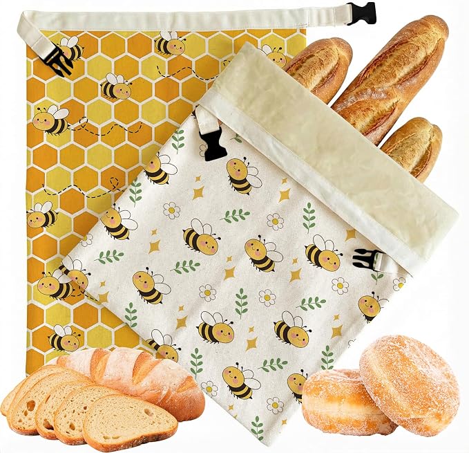 2 Pack Beeswax Bread Bags for Homemade Sourdough Bread, 17x13 Inch Reusable Linen Beeswax Bread Bag with Buckle to Keeps Bread Freshness for Food Storage(Cute Bee)