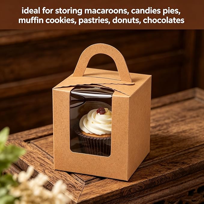 120 Pack Single Cupcake Box, Kraft Paper Individual Cupcake Container with Window Inserts, Brown Cupcake Packaging Box with Handles for Muffin, Cocoa Bomb, Party Favor Pastry Treat Boxes
