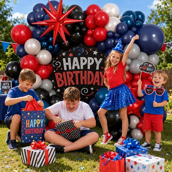 Black Red Blue Balloon Arch Garland Kit, Spider Themed 4th of July Patriotic Balloons Double Stuff Red Navy Blue Black Gray Pearl White Balloon for Kids Boys Baby Shower Birthday Party Decorations