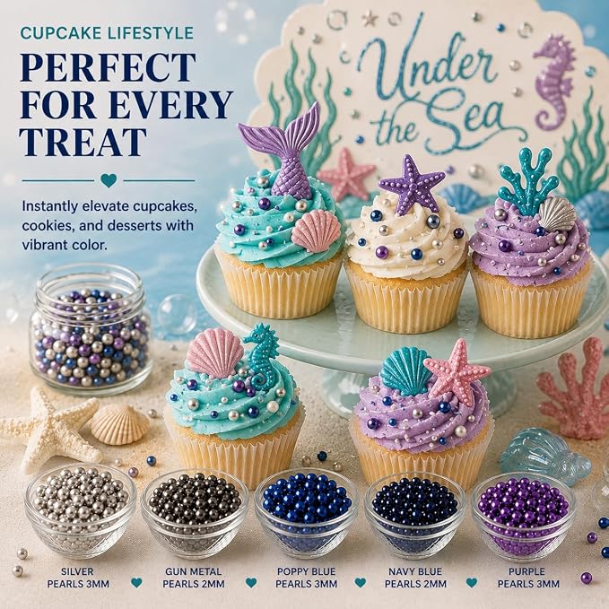 Confect Pearl Sprinkles | Assorted pack of 5 Under The Sea Disco Ball Sprinkles | Mix Grey, Sliver, Bright Blue, Navy Blue & Purple Pearl Dragees - Vegan, Gluten-Free, Nut-Free, Soy-Free, Dairy-Free, Palm Oil-Free, No Artificial Dyes - 5 Oz