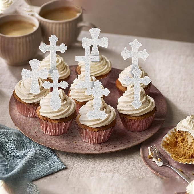 60 PCS Edible Cross Cupcake Toppers Wafer Paper God Bless and Baptism Cupcake Picks Edible Christian Baptism Cross Cake Decorations for Religious Theme Baby Shower Birthday Party Supplies Silver