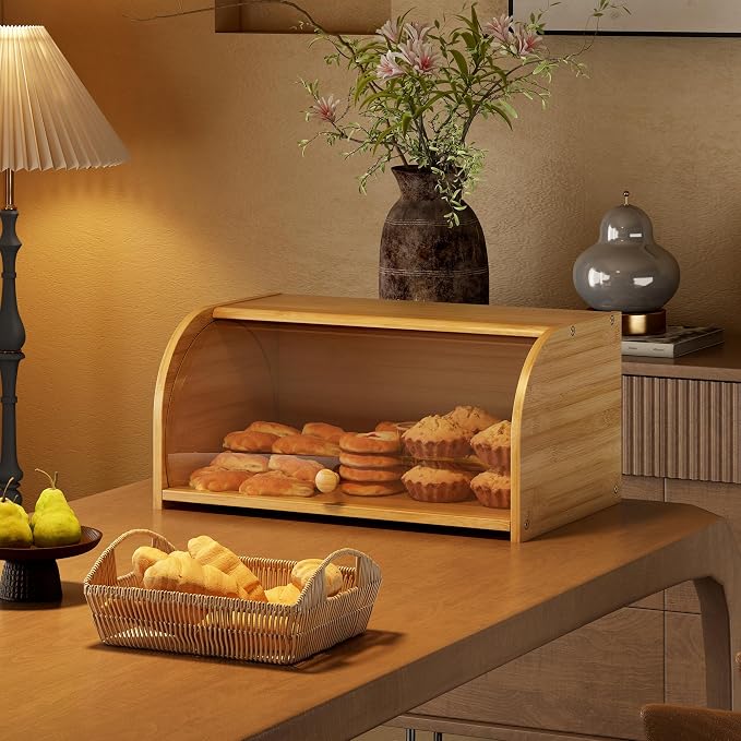 Roll Top Bread Container for Kitchen Countertop, Bamboo Bread Box with Clear Lid, Bread Container Storage（Bamboo without cutting board）