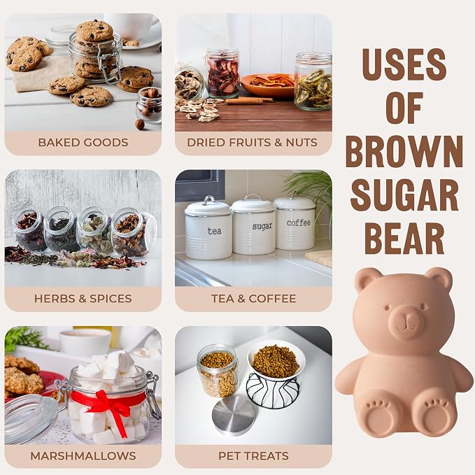 Brown Sugar Bear Keeper – 3D Terracotta Clay Sugar Saver Softener, Reusable Moisture Stone for Brown Sugar, Cookies, Marshmallows, Herbs, Baking & Kitchen Storage