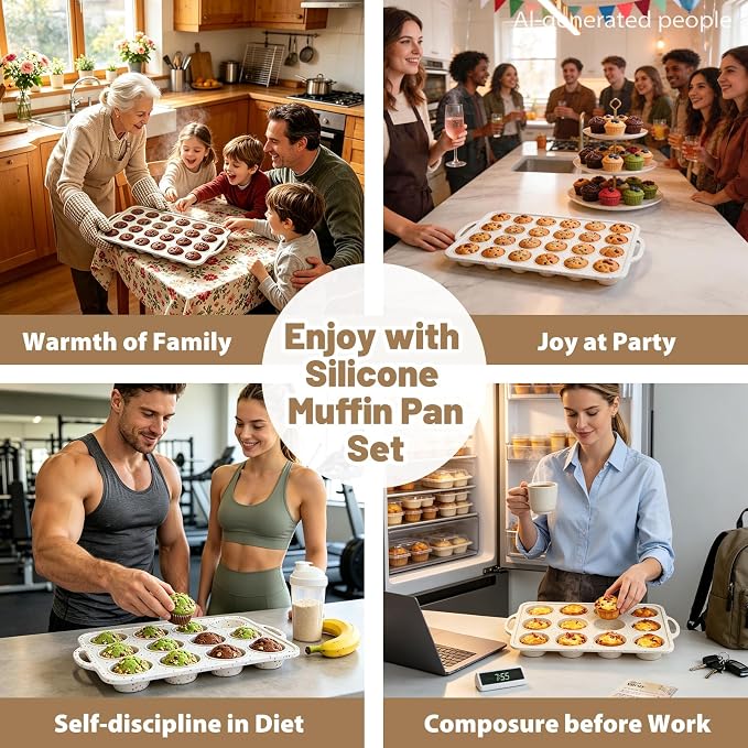 Silicone Muffin Pan Set: Non Stick 12 & 24 Silicone Muffin Pans for Baking Easy Release - Complete Shaping Each Use Avoid Re‑baking - BPA-free Cupcake Tin Reinforced Frame for Oven Home Bakers