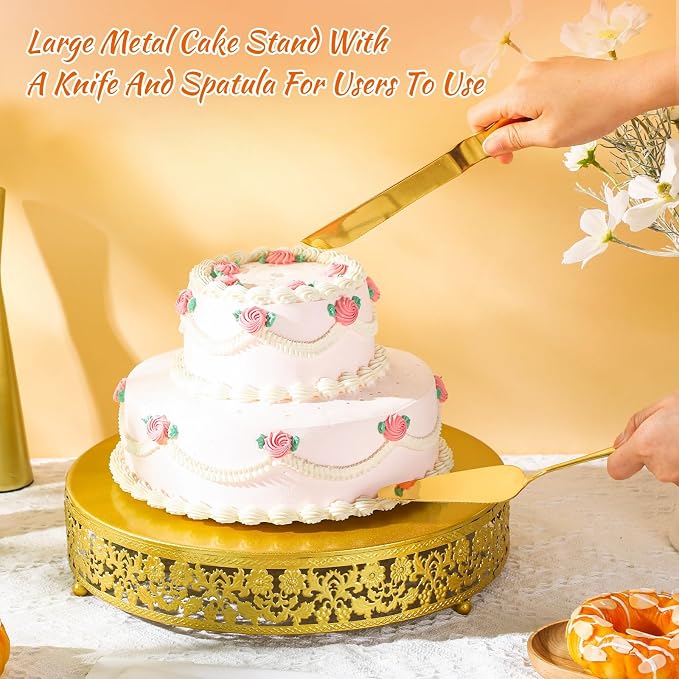 Wenqik 14 Inch Gold Cake Stand Set Metal Round Cupcake Dessert Stand with Cake Cutting, Flower Spatula Wedding Cupcake Pastry Display Candy Holder Display for Wedding Party Birthday Baby Shower