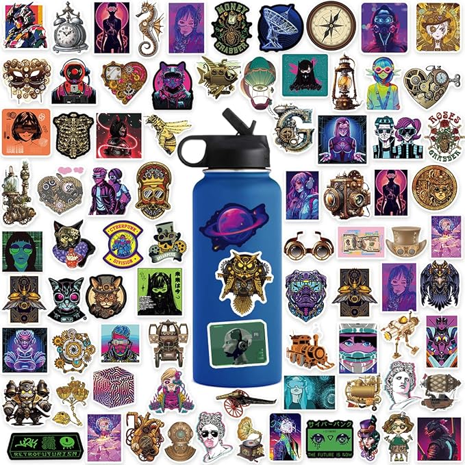 120 Pcs Steampunk and Cyberpunk Stickers for Water Bottles, Waterproof Vinyl Vintage Stickers for Scrapbook Laptops, Punk Decorative Decals for Boys Adults Teens