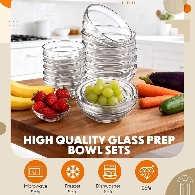 Sawysine 18 Pcs Glass Prep Bowl Sets Clear Small Pinch Bowls Salt Spices Ingredients Serving Bowl Stackable for Kitchen Prep Cooking Dishwasher Safe (8.4oz/4.7oz/2.3oz)