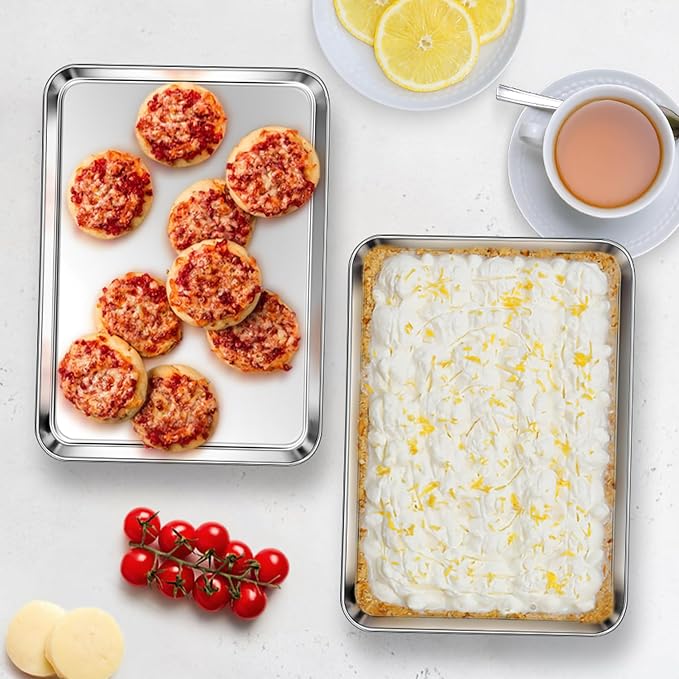 Homikit 4 Pack Baking Sheet, 9 x 7 Inches Stainless Steel Cookie Tray Set for Cooking Toasting, Mini Metal Cookie Toaster Oven Baking Pan Non Stick, Rustproof & Mirror Finish, Dishwasher Safe