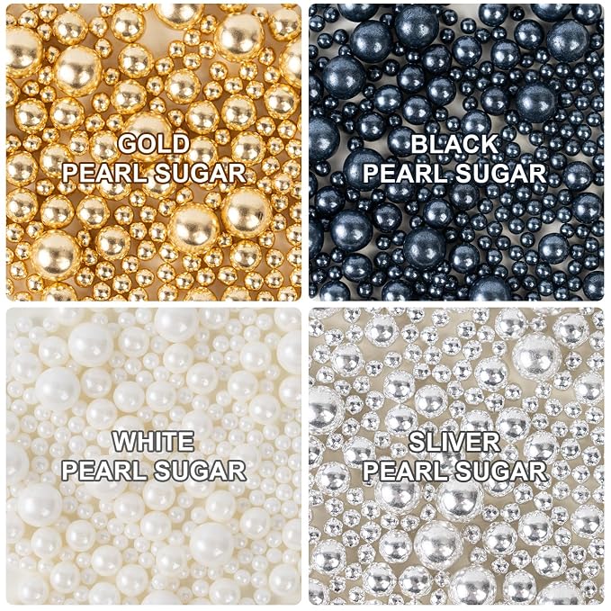 Sprinkles for Cake Decorating, Gold Silver White and Black Pearl Sugar Sprinkles Mix for Cookie Baking Ice Cream Cupcake Topping