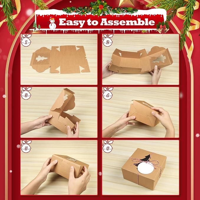 COTOPHER 18Pcs Christmas Cookie Boxes with Window, 4x4x2.5 inch Brown Bakery Boxes for Gift Giving, Mini Cake Boxes Holiday Pastries Boxes for Cakes Muffins Donuts Chocolate Strawberries