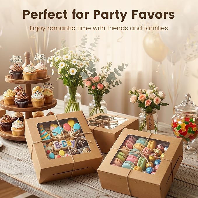 OAMCEG 50 PCS Cupcake Boxes with Window, 6x6x3 Inch Cookie Boxes, Bakery Treat Boxes for Pastry, Dessert, Chocolate Strawberries, Cupcake Containers, Gift Giving with Stickers & Twine （Brown）