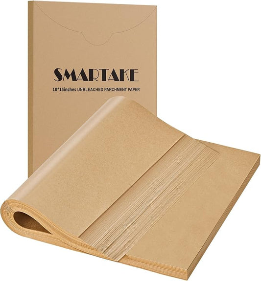 SMARTAKE 200 Pcs Parchment Paper Baking Sheets, 10x15 Inches Non-Stick Precut Baking Parchment, for Baking Grilling Steaming Bread Cup Cake Cookie and More (Unbleached)