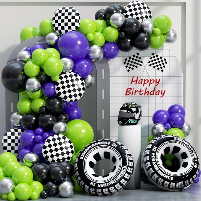 Monster Truck Balloon Arch Garland Kit 156pcs, Green Purple Black Silver Big Wheels Race Car Balloons Arch Kit for Two Fast Theme Boy Birthday Anniversary Monster Truck Jam Party Decorations