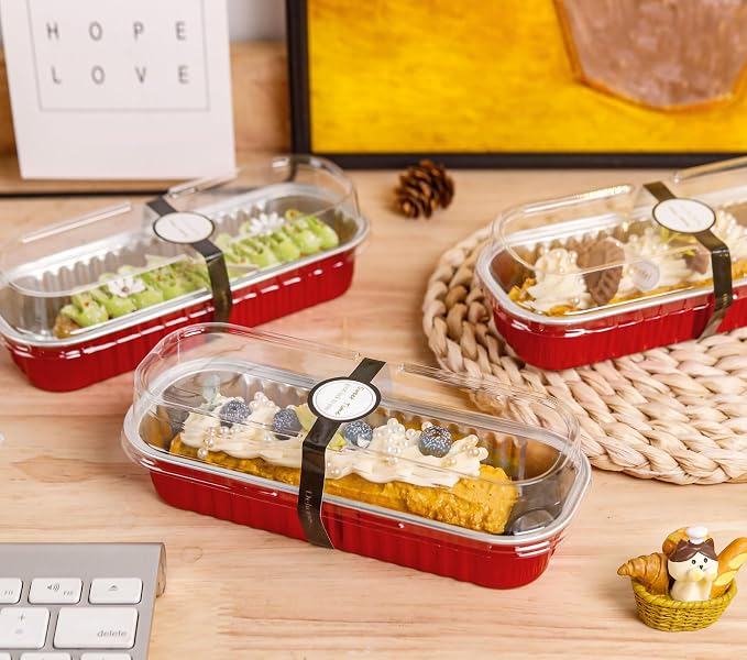 NPLUX Mini Loaf Pans with Lids and Spoons Rectangular Aluminum Foil Baking Pans Mini Cheesecake Containers 6.8oz(60 Pack, Red)