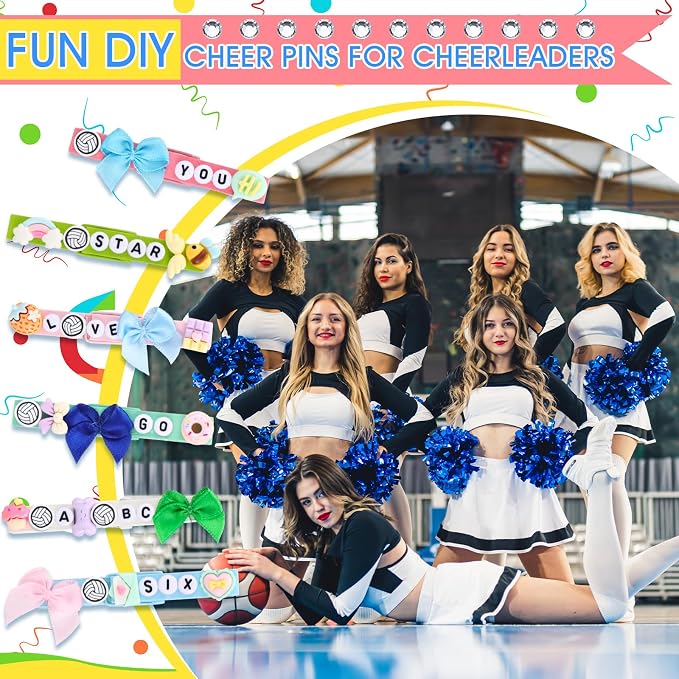 Geelin Cheer Pins Kit with 80 Pcs Spirit Clips, 800 Letter Beads, 160 Volleyball Charm, 40 Various Charms, 30 Bows, Glue, Decoration for Cheerleaders Team Gifts Bulk Stuff DIY, Macaron Colors