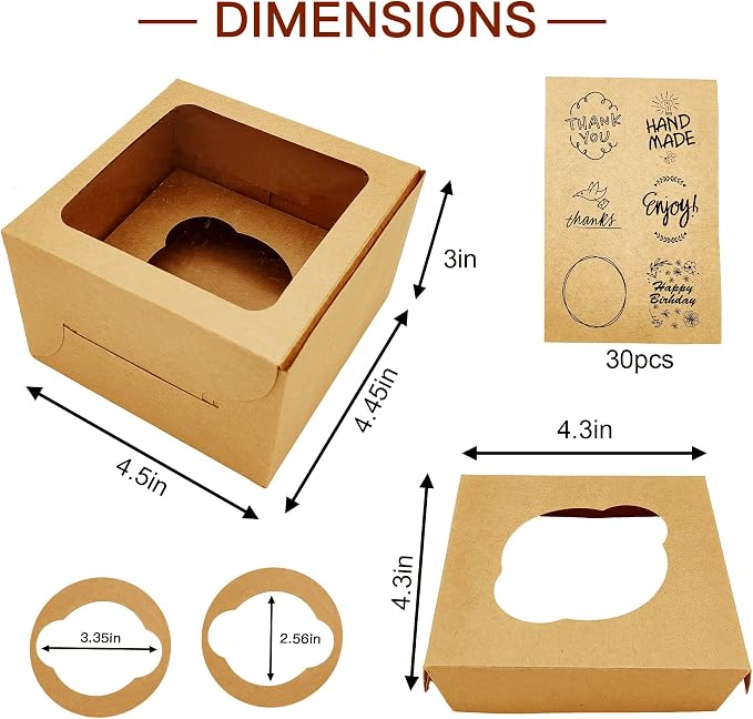 Jotique Cupcake Boxes with Window, 30 Sets 4.5x4.5x3 Inch Kraft Paper Bakery Boxes for Single Cupcake, Cookies and Muffins, Sturdy Disposable Treat Boxes for Individual Pastry, Baked Good, Gift Giving