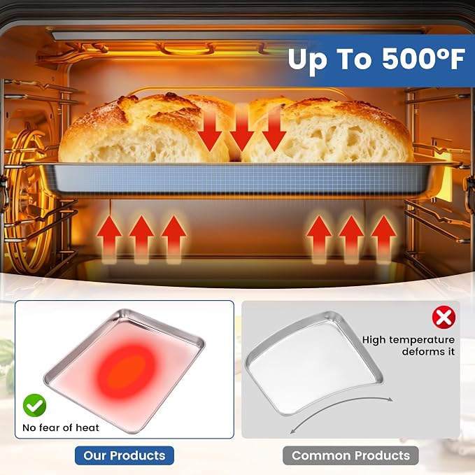BIEAMA 12 Pack Stainless Steel Toaster Oven Baking Sheets, 16 x 12 in | Stainless steel pans with no chemical coating, mirror-polished finish and rolled edges; dishwasher safe, oven safe to 500°F.