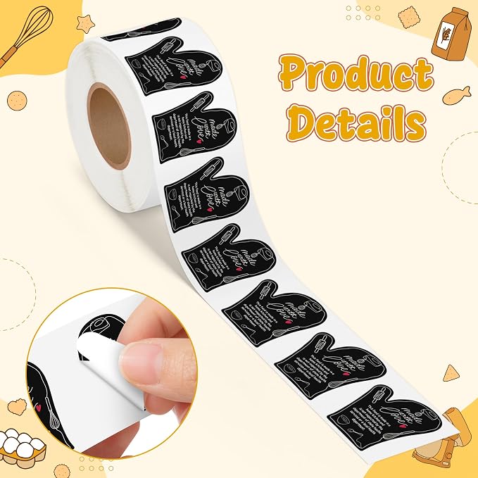 PANTIDE 500 Count Made with Love Cottage Food Law Labels Stickers (Black) | Adhesive Oven Mitt Shaped Decal Roll, Made in A Home Kitchen, Inspection Statement Thermal Printed, for Baked Food Packaging