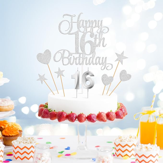 16th Birthday Cake Decorations, 16th Birthday Candles Cake Numeral Candles and Glitter Happy 16th Birthday Cake Toppers Set for Birthday Party Supplies (Silver)