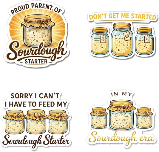(4 Pcs) Funny Sourdough Stickers – Waterproof UV DTF Vinyl Sourdough Stickers, Funny Baking Stickers, Bread Stickers for Water Bottles, Laptop & Packaging, Sourdough Bread Stickers for Bakers, Kitchen