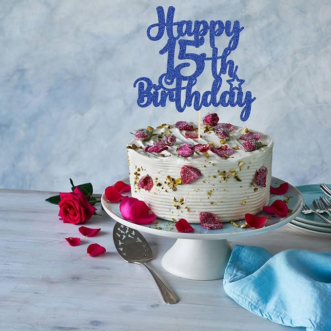Gyufise 1Pc Happy 15th Birthday Cake Topper Glitter 15 & Fabulous Cheers to 15 Years Old Cake Pick for Celebrating 15th Birthday Anniversary Party Cake Decorations Supplies Blue