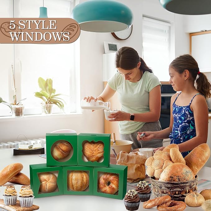KPOSIYA 65PCS Bakery Boxes with Window 6x6x3 Inches 5 Style Cookie Boxes Small Pastry Boxes for Candy, Dessert, Pastry, Donuts, Birthday Party, Wedding(Green)