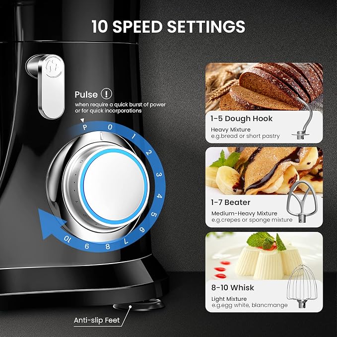 Stand Mixer, KICHOT 10+P Speed 4.8 Qt. Household Stand Mixers, Tilt-Head Dough Mxier with Dough Hook, Beater, Wire Whisk & Splash Guard Attachments for Baking, Cake, Cookie, Kneading, SM-1533,Black