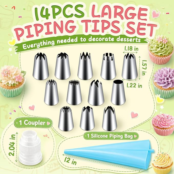 Hendiy 14pcs Large Piping Tips Set, Stainless Steel | 12 Icing Tips, 1 Reusable Bag, 1 Coupler, Cake & Cupcake Decorating