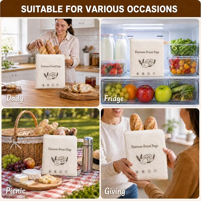 Beeswax Bread Bags for Sourdough – 2 Pack XL 13x17 Reusable Bread Storage Bag with Wide Zipper Seal, Keeps Bread Fresh Longer, Odor Resistant, Freezer Safe Cotton Linen Eco Friendly Bag