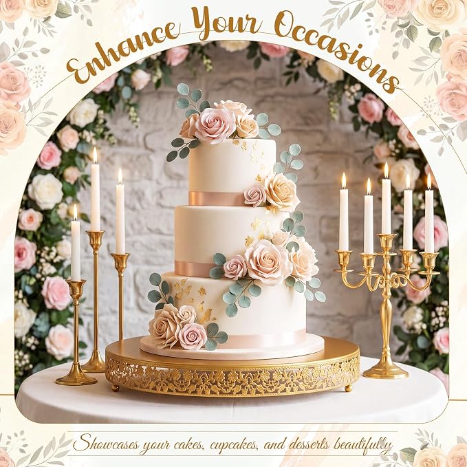Wenqik 20 Inch Gold Cake Stand Set Metal Round Cupcake Dessert Stand with Cake Cutting, Flower Spatula Wedding Cupcake Pastry Display Candy Holder Display for Wedding Party Birthday Baby Shower