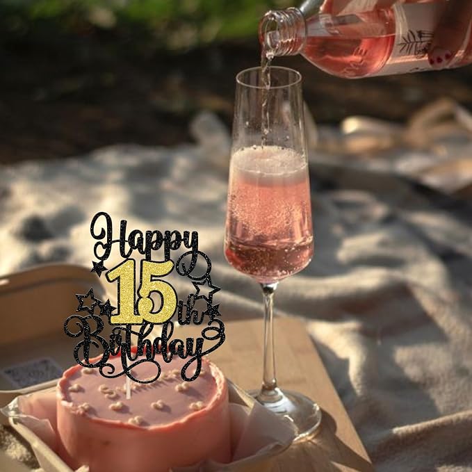 1 PCS Happy 15th Birthday Cake Topper Black Gold Glitter Cheers to 15 Years Birthday Cake Pick Hello 15 Fabulous Cake Decoration for Happy 15th Birthday Anniversary Party Decorations Supplies