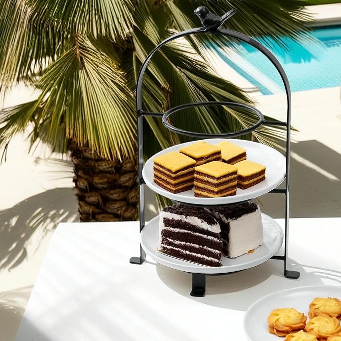 SparkWorks 3 Tiered Cake Stand, Tea Party Serving Platter, Dessert and Cupcake Stand, Metal Tiered Serving Stand Includes Three Premium White Stoneware Plates
