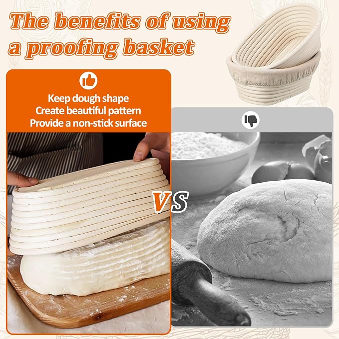 6 Pack Oval Banneton Proofing Basket Set 10 Inch, Natural Rattan Sourdough Bread Baskets with Linen Liners, Dough Baking Bowls for Professional & Home Bakers (10" Oval -6 Pack)