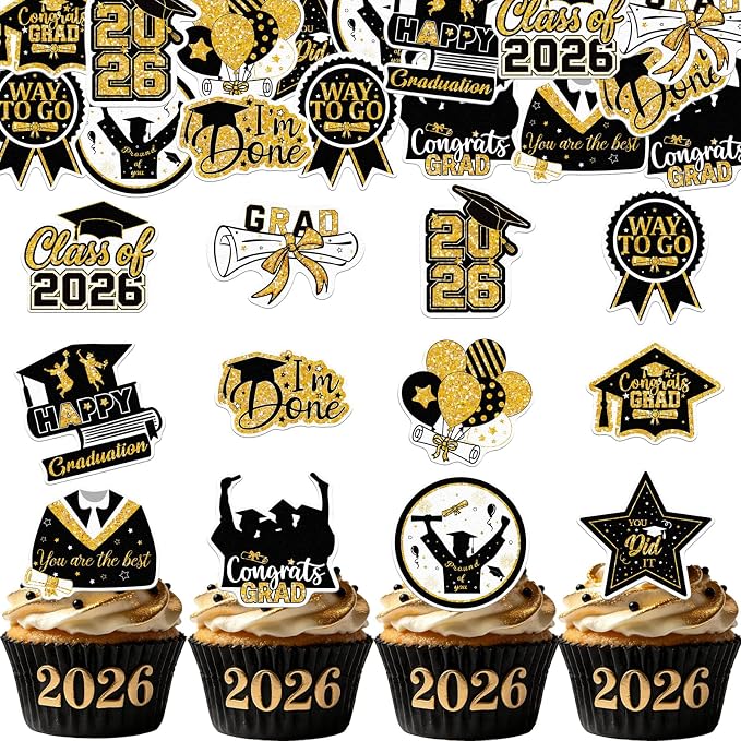 48pcs Edible 2026 Graduation Cupcake Toppers Wafer Paper Gold Class of 2026 Cake Decorations Edible Congrats Grad Cupcake Picks for 2026 Graduation Theme Party Cake Supplies