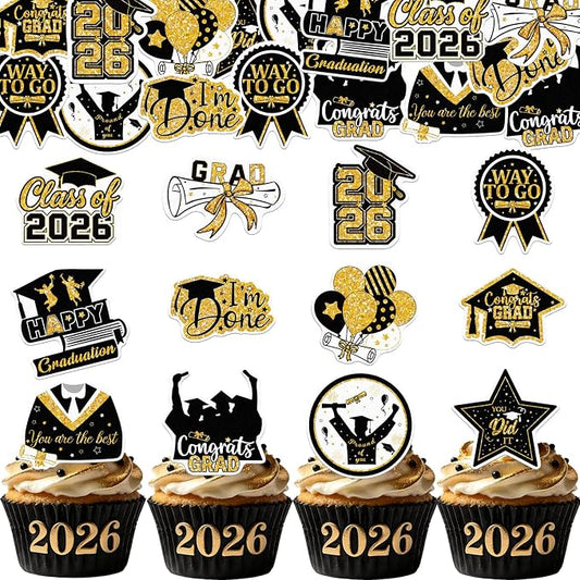 48pcs Edible 2026 Graduation Cupcake Toppers Wafer Paper Gold Class of 2026 Cake Decorations Edible Congrats Grad Cupcake Picks for 2026 Graduation Theme Party Cake Supplies