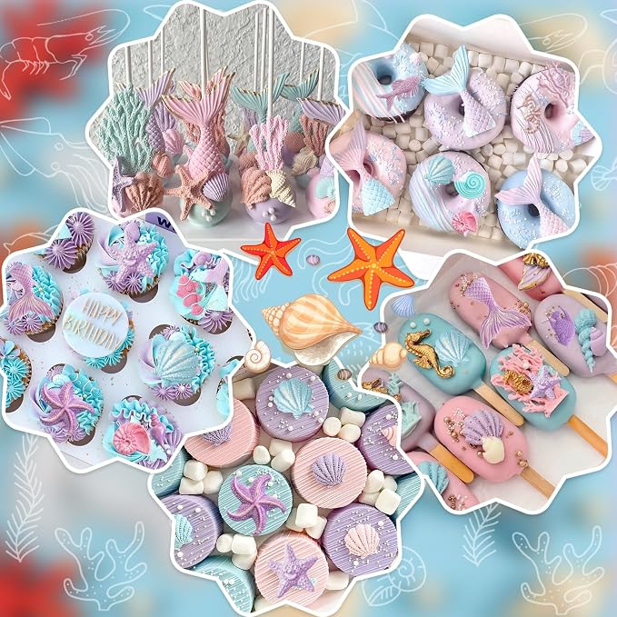 MEMOVAN Mermaid Theme Cake Fondant Mold 4PCS Marine Silicone Mold | Seahorse Seashell Star Fish Mermaid Tail Cupcake Mold for Chocolate Candy Cake Decoration Polymer Clay Gum Paste Craft