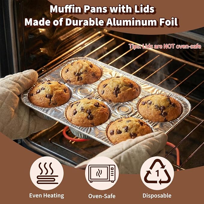 Disposable Muffin Pans with Lids, 20 Pack Aluminum Muffin Pans with Clear Lids, 6-Cup Size Throw Away Tin Foil Pan, Strong and Flat Base for Even Baking, Ideal for Parties and Holidays