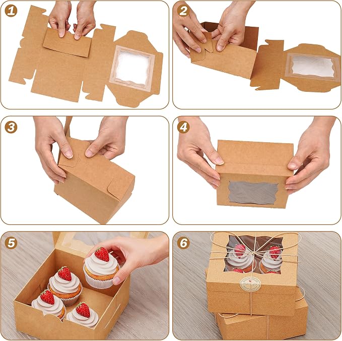 50Pcs 6x6x3 Inch Cookie Boxes With Window Boxes for Baked Goods | Brown,Food Grade Kraft,Bakery Boxes for Cookies Donuts,with Stickers and Twine,Dessert Boxes for Treats Gift Giving Party