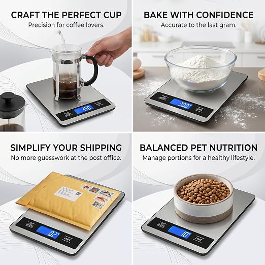 33lb/15kg Digital Food Scale for Kitchen, Measuring Recipes, Meat, Pet Care | 1g High Precision Stainless Steel Scale with Timer, Tare & Unit Conversion (g/oz/ml/lb) for Baking, Coffee, Bread, Meat