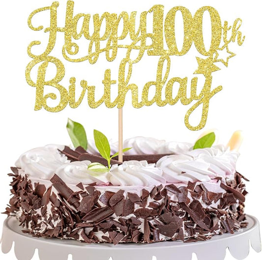 1 PCS Happy 100th Birthday Cake Topper - Gold Glitter Cheers to 100 Years - Fabulous Cake Decoration for 100th Birthday Theme Party