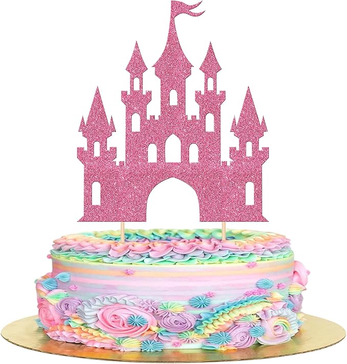1 PCS Castle Cake Topper Glitter Queen Princess Castle Cake Pick Castle Theme Birthday Party Decoration for Princess Happy Birthday Girls Baby Shower Party Cake Decorations Supplies Pink