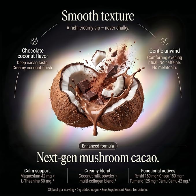 Mushroom Cacao Organic Powder Sugar Free - 1250mg Multi-Collagen Peptides Blend, Reishi, Chaga, Magnesium, L-Theanine, Turmeric & Camu Camu, 30 Servings (Packaging May Vary)