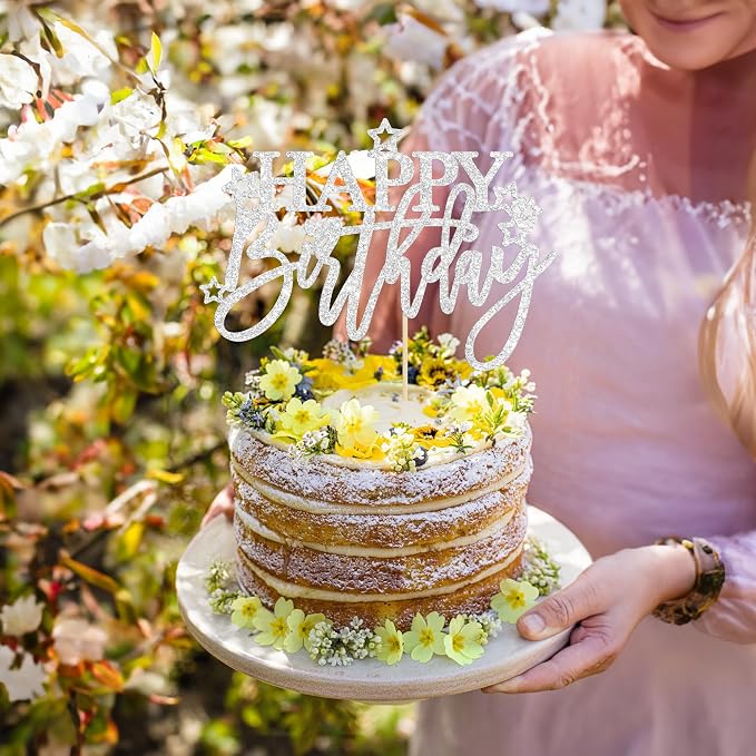 Gyufise 1Pcs Happy Birthday Cake Topper Glitter Cake Pick for Celebrating Anniversary Theme Party Cake Decorations Supplies Light Silver