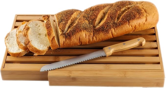 BAMBOO LAND- Large Bamboo Bread Cutting Board with Crumb Tray with Large Bread Knife, Bread Serving Tray for Kitchen