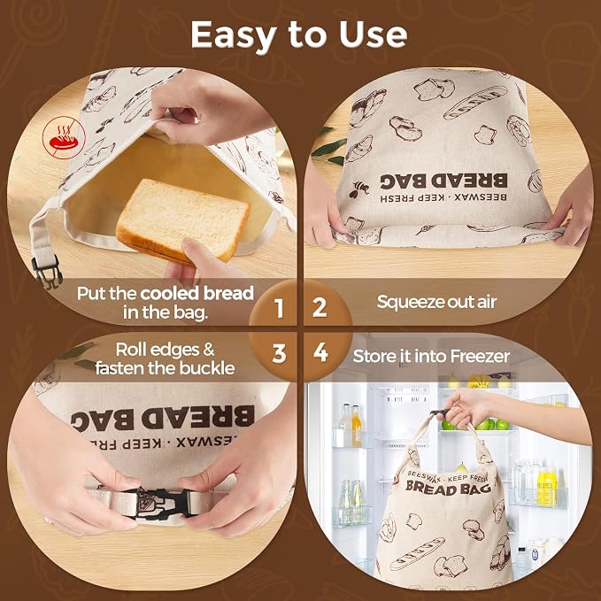 YARRAMATE Reusable Beeswax Bread Bags for Homemade Bread & Sourdough, 2 Pack XL 17x13in Linen Organic Bread Storage Bags for Loaf, Baguette, Bagels and Sandwich Bread, Freezer Safe, Brown